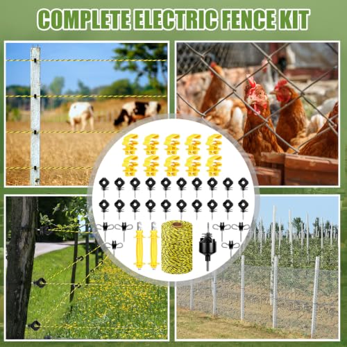 SATINIOR 40 Pcs Electric Fence Kit, 656 Ft/ 200 M Electric Fence Polywire 10 T Post Insulators 2 Rubber Gate Handle Insulators 6 Insulator Screw 20 Black Insulator Socket Tool for Fencing Horse Cattle