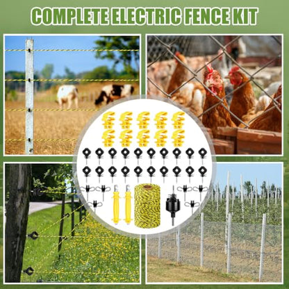 SATINIOR 40 Pcs Electric Fence Kit, 656 Ft/ 200 M Electric Fence Polywire 10 T Post Insulators 2 Rubber Gate Handle Insulators 6 Insulator Screw 20 Black Insulator Socket Tool for Fencing Horse Cattle