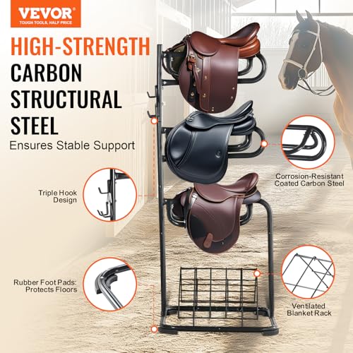 VEVOR Freestanding Saddle Stand, 30 x 30 x 68.5 in, 3 Tiers Saddle Rack, Heavy Duty Saddle Blanket Holder with Removable & Rotating Tiers, English & Western Saddle Rack for Tack Room Organization - style: XL Large 3 Tiers-1 Pack