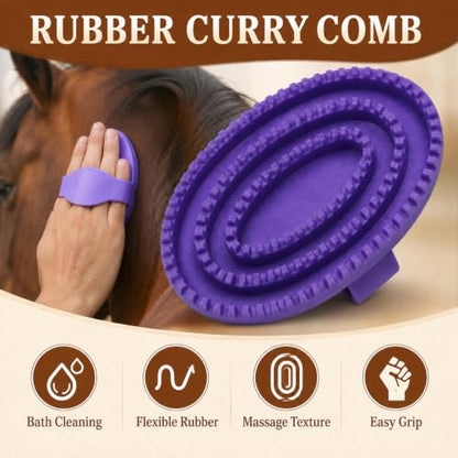 Rubber Curry Comb for Horses, Dogs & Cats, Pet Bath Brush with Hand Strap - color: Purple Rubber Curry Comb