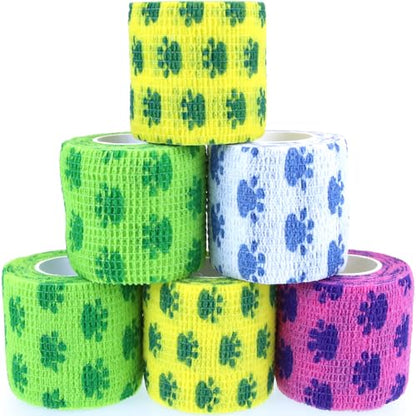Self Adhesive Bandage Wrap Animal Cohesive Bandage Self Adherent Wrap First Aid Tape for Dogs Cats Horses Birds & Wrist Healing Ankle Sprain - color: 2 Inch Gourd Footprints 6 Rolls