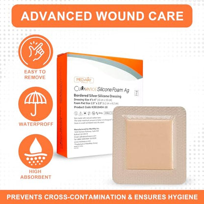 CuraVance Silicone Bordered Dressing with Silver, Absorbent 4"x4" Box of 10 | Sterile And Individually Wrapped - Silver Ag Dressing Pads - Antimicrobial & Odor-Resistant, Highly Absorbent & Medical Grade - size: 10 pack, style: 4"x4" Silver