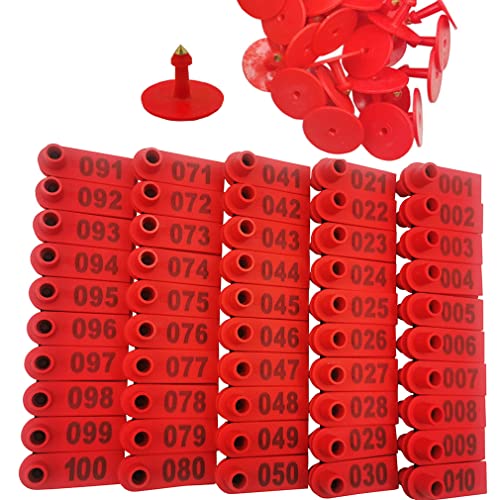 100PCS 001-100 Number Plastic Livestock Ear Tags Farm Animal Tags ID Tags Pink Green Blue Ear Tagger for Cow Cattle Sheep Goats Pigs Hogs Mark Label (Red) - color: Red
