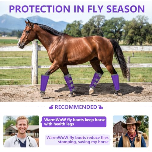 Fly Boots for Horses Set of 4 with Reflective Vercros, Loose Fitting Mesh Horse Fly Boots Leggings, Adjustable Equine Leg Wraps & Socks, Stay Up Not Sag, No Rub - color: Purple