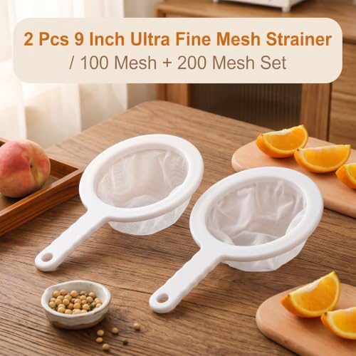 2 Pcs 9 Inch Ultra Fine Mesh Strainer,Plastic Juice Colander for Kefir Grains Greek Yogurt Kombucha Cold Brew Coffee
