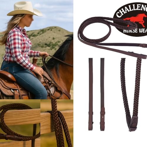 CHALLENGER Full Horse English Braided Genuine Brown Leather Reins 805LR30 - color: Brown, size: 55" L x 3/4" W