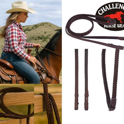 CHALLENGER Full Horse English Braided Genuine Brown Leather Reins 805LR30 - color: Brown, size: 55" L x 3/4" W