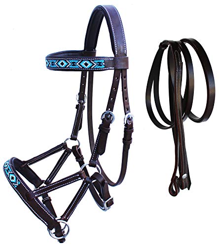 Horse Western English Leather Bitless Sidepull Bridle w/ Split Reins 77RS11 - color: Brown/Beaded