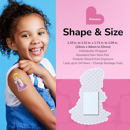BioSwiss Bandages, Princess Shaped Self Adhesive Bandage Set, Latex Free, Sterile Wound Care, 50 Count - color: Princess, size: 50-Count Tin