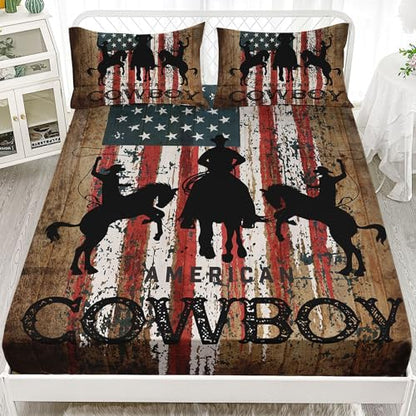 Kids Sheets Set 4Pcs, Queen Size - Cowboys Printed Sheet Set with 1 Flat Sheet, 1 Fitted Sheet + 2 Pillowcases - color: Cowboys, size: Queen 91x102 inches