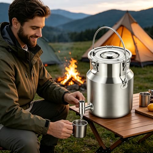 304 Stainless Steel Water Dispenser with Faucet, Thickened Milk Can with Handle, Sealing Ring and Instruction Manual, 5L Stainless Steel Water Jug for Milk, Water, Tea, Juice and Beverage Storage - size: 5L