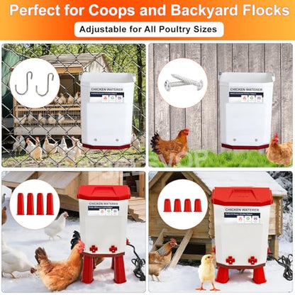 Heated Chicken Waterer, 11L Winter Chicken Water Heater Bucket with 4 Nipple Drinkers, Anti-Freezing, Winter and Summer Dual-use, Automatic Heated Poultry Drinker for Coop (Red) - size: 2.9 Gallon