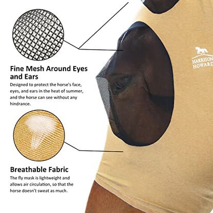 Harrison Howard Super Comfort Stretchy Fly Mask Large Eye Space with UV Protection Soft on Skin with Breathability Champagne Gold M Cob - color: Champagne Gold, size: Cob (Medium)