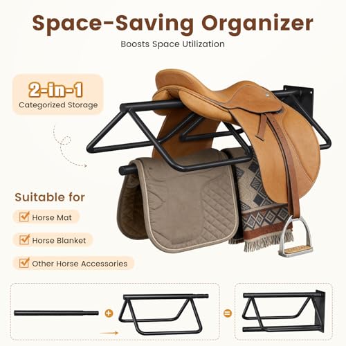 2 Pcs Saddle Rack Wall Mount with Saddle Pad Bar, 120-lb Capacity Heavy Duty Steel Horse Saddle Stand, Blanket Holder Tack Storage for Western English Saddles, Tack Room Barn Organizer, Black