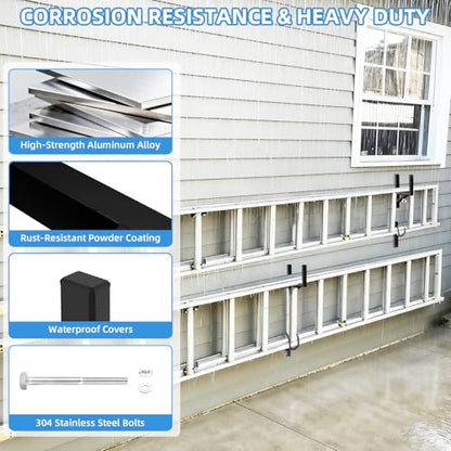 Cargo Trailer Ladder Rack-200lb Load-Carry 1-2 Ladders-Adjustable Aluminum Side Mount RV Ladder Rack-Rubber Pads/Bungee Cords/Hooks for Open/Enclosed Trailer/Garage/Shed Exterior/Interior Wall