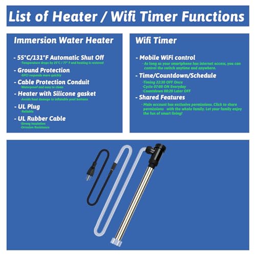 1500W Submersible Water Heater Portable Electric Pool and Hot Tub Immersion Water Heater with Temp Control, WiFi Timer for Bathtub, Spa, Swimming pool, above ground pool and Inflatable Pool