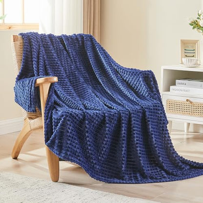 EMME Fleece Blanket, 3D Jacquard Throw Blanket for Couch and Bed, Soft Cozy and Fluffy Blankets Lightweight Luxury Flannel with Geometric Grid Design (Navy Blue, 60" x 80") - color: 17-grid-navy Blue, size: Twin