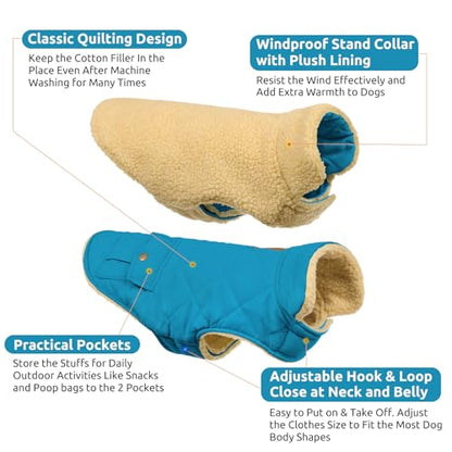 Queenmore Waterproof Dog Winter Coat Warm Puffer Jacket Plush Lining Vest - color: Blue, size: X-Small