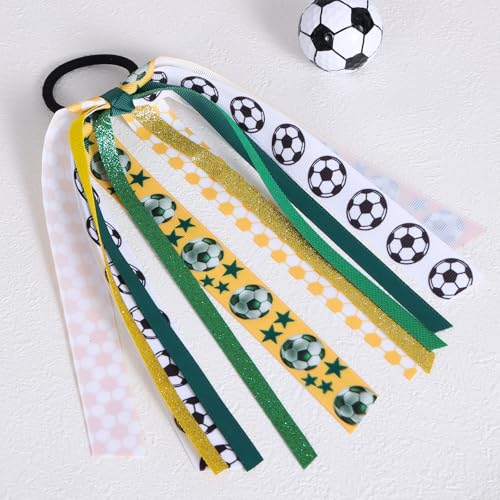 Soccer Ponytail Hair Ribbon Streamer,Yellow Green Sports Elastic Hair Tie Streamer,Football Ribbon Pony Holder for Girls Women Cheerleader Fans School Team Player Party Favor Gifts - color: Soccer-B