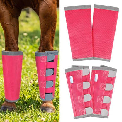 Fly Boots for Horses Set of 4 with Reflective Vercros, Loose Fitting Mesh Horse Fly Boots Leggings, Adjustable Equine Leg Wraps & Socks, Stay Up Not Sag, No Rub - color: Magenta