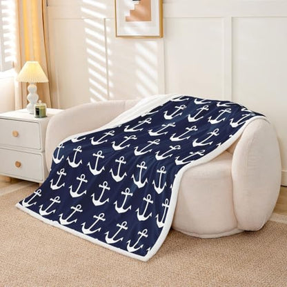 Feelyou Nautical Fuzzy Blanket Anchor Sherpa Throw Blanket Sea Adventure Fleece Throw Blanket Soft Warm Cozy Ocean Theme Plush Blanket Navy Blue 60"X80" - color: Blue White, size: 60" x 80"