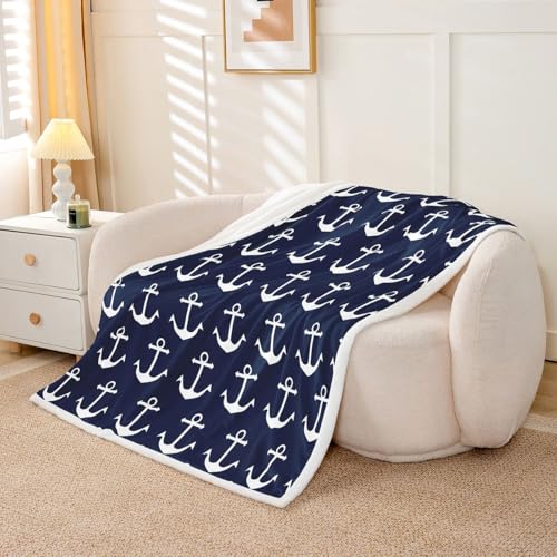 Feelyou Nautical Fuzzy Blanket Anchor Sherpa Throw Blanket Sea Adventure Fleece Throw Blanket Soft Warm Cozy Ocean Theme Plush Blanket Navy Blue 90"x90" - color: Blue White, size: 90" x 90"