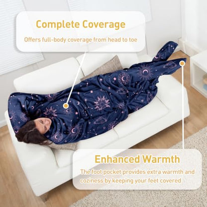 Catalonia Wearable Blanket with Sleeves & Foot Pocket for Adults - color: Astrology Navy, size: Fleece