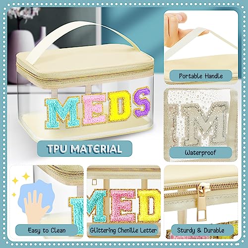 Geetery Chenille Letter Bag, Meds Cheer Travel Cases Cheerleader Gifts Cosmetic Bag Nylon Makeup Portable Preppy Patch with Zipper Toiletry Storage Case for Women(Beige,Stylish Meds) - color: Beige, style: Stylish Meds