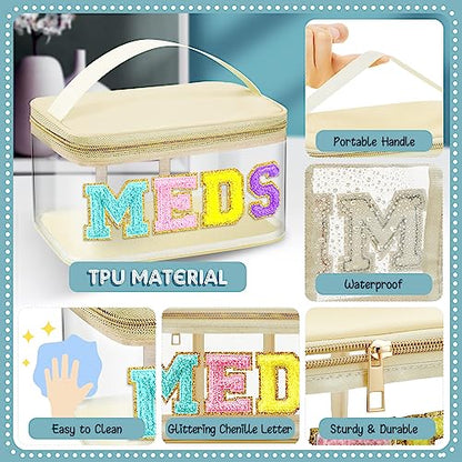 Geetery Chenille Letter Bag, Meds Cheer Travel Cases Cheerleader Gifts Cosmetic Bag Nylon Makeup Portable Preppy Patch with Zipper Toiletry Storage Case for Women(Beige,Stylish Meds) - color: Beige, style: Stylish Meds