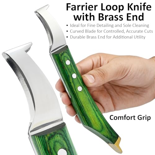 Premium Farrier Loop & Hoof Knife with Brass End – Professional Hoof Trimming Tool for Horses, Cows & Livestock, Stainless Steel Blade, Ergonomic Wood Handle (Green) - color: Green