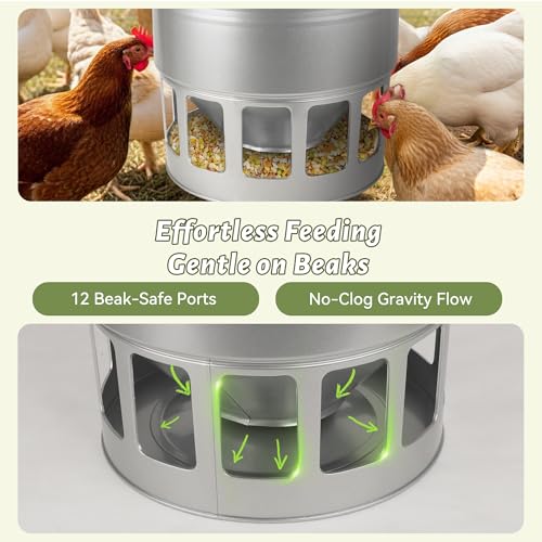 KOL Hanging Chicken Feeder – 20lbs Metal Chicken Feeder No Waste, Adjustable Poultry Feeder with 12 Ports, No Installation & Universal Height Design (Silver) - color: Silver