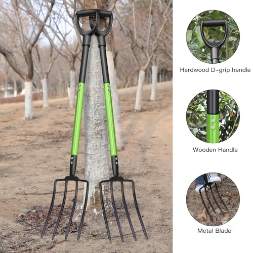 Pitch Fork,4-Tine,45-Inches Garden Fork with Steel D-Handle for Gardening | Pitchfork with Ergonomic Fiberglass Handle and Metal Tine,45 Inch Spading Fork for Mulching,Composting and Loosening Soil