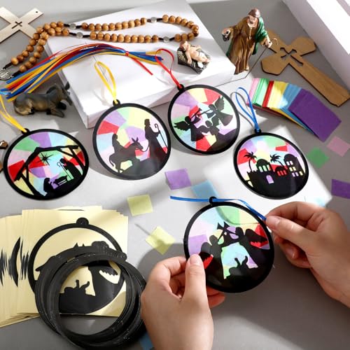 AmazingSpark 30 Pcs Nativity Ornaments Craft Kits, Suncatchers DIY Xmas | Birth of Jesus Stained Glass Tissue Art, Christian Religious Education, Church Classroom Party Activities Bulk Set - style: Christmas Nativity