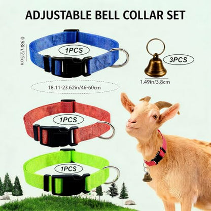 3Pack Goat Collar,with Bells, Adjustable for Small Farm Animals, Goat Supplies and Cow Bell Collar, Sheep, Cow and Grazing