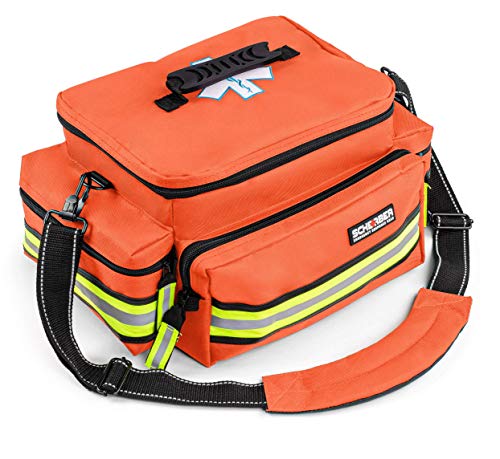 Scherber First Responder Fully-Stocked Professional Essentials EMT/EMS Trauma Kit | HSA/FSA Approved | Reflective Bag w/8 Zippered Pockets & Compartments & 200+ First Aid Supplies - Orange - color: Orange