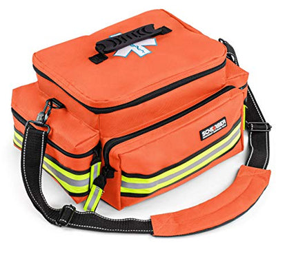 Scherber First Responder Fully-Stocked Professional Essentials EMT/EMS Trauma Kit | HSA/FSA Approved | Reflective Bag w/8 Zippered Pockets & Compartments & 200+ First Aid Supplies - Orange - color: Orange