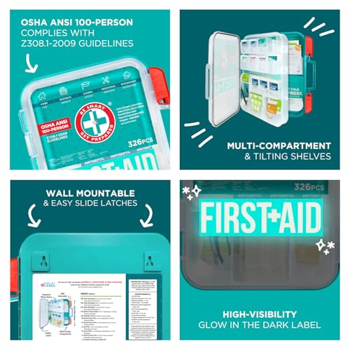 Be Smart Get Prepared First Aid Kit, Teal, 326 Piece, Exceeds OSHA and ANSI Guidelines 100 People - Office, Home, Car, School, Emergency, Survival, Camping, Hunting and Sports