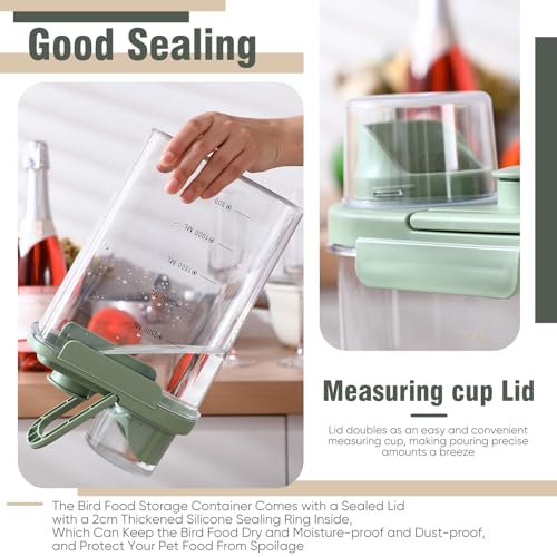 Maxdot 2 Pcs Bird Seed Storage Container 3 Qt/2.8 L with Tight Lids Airtight Cup Pet Food Storage Measuring Containers Lids with Pouring Spouts for Macaws African Grey Cockatoos (Green) - color: Green