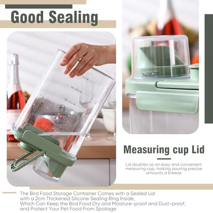 Maxdot 2 Pcs Bird Seed Storage Container 3 Qt/2.8 L with Tight Lids Airtight Cup Pet Food Storage Measuring Containers Lids with Pouring Spouts for Macaws African Grey Cockatoos (Green) - color: Green