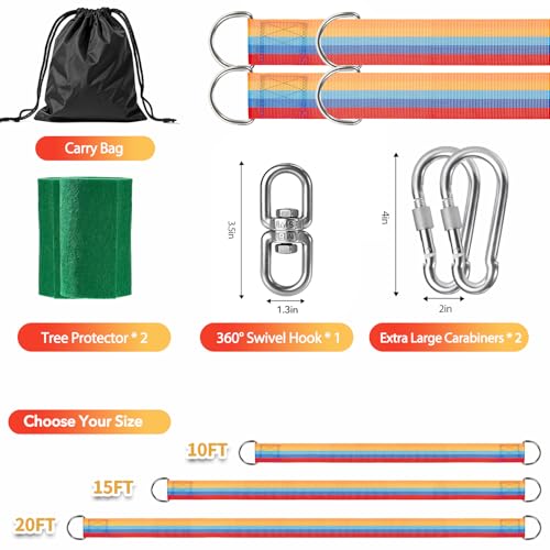 Safe Tree Swing Hanging Straps Kit, 3FT/10FT/15FT/20FT, Heavy Duty Holds 5500LBS Extra Long Adjustable Tree Swing Straps, Easy & Fast Way to Hang Any Swing or Hammock(15 FT) - color: Rainbow, size: 15FT