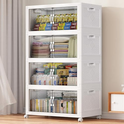 BROVIEW 400QT Large Stackable Storage Bins with Clear Doors, V20 4Pack | 100Gal Plastic Closet Organizer Cabinet with Lid and Wheels, Collapsible Latch Box Folding Drawer for Home, White - size: 100QT-4Pack