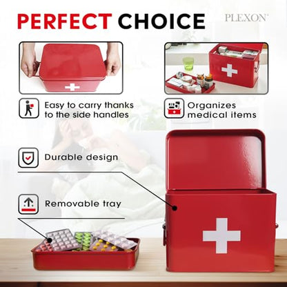 Plexon 8.5" Metal First Aid Box Empty, Medicine Storage Bin with Lid, Emergency Supplies Organizer, Portable First Aid Kit Case, Red - color: Red