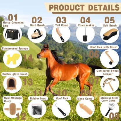 Abbylike 15 Pieces Horse Grooming Kit with Organizer Tote Bag Tack Room Supplies Horse Brush Sets Care Equine Cleaning Kit Shedding Grooming Massaging Tools(Black) - color: Black
