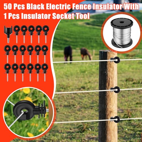 8 Mile Electric Fence Kit for Livestock, 12kv 2J Electric Fence Charger 50 Black Insulator 1 Socket Tool 250ft Aluminum Wire for Predators Deterrent Farm Fencing System