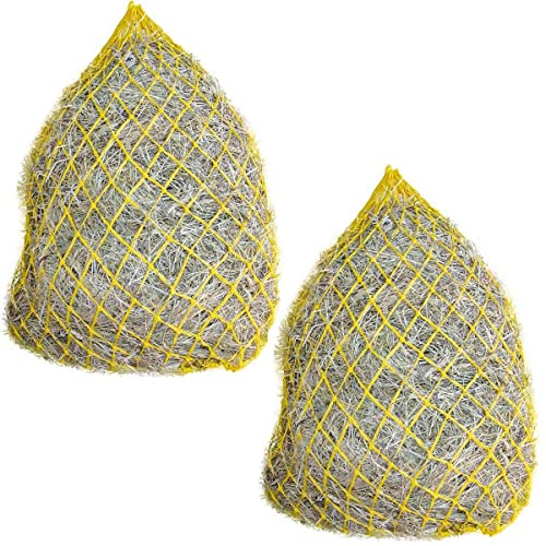 Set of 2 42" Soft Mesh Hay Nets with 2" Holes, Fits 4-6 Flakes of Hay, Includes Steel Snaps for Easy Hanging (42", Yellow) - color: Yellow