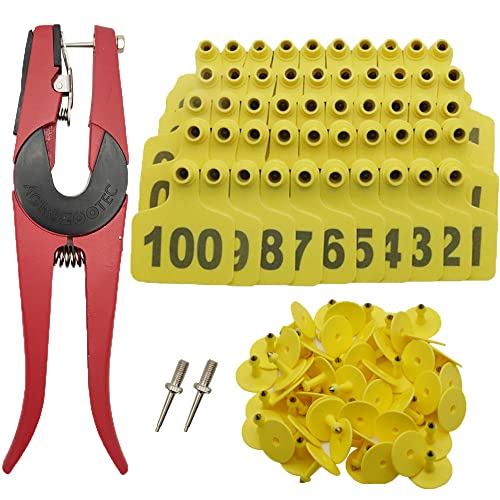 Cattle Ear Tags 001-100, 100Pcs Plastic Livestock Ear Tag for Cows Goats Sheep Pigs with Pliers Applicator & 2 Pins, Animal ID Tags for Ranch Farm Herd Tracking, Laser Print (001-100, Yellow) - color: Yellow