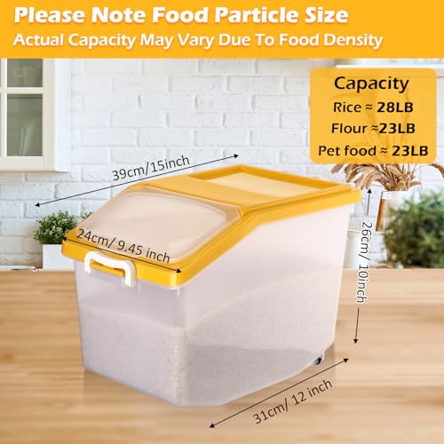 Sunnyray 4 Pcs Rice Storage Container Bulk 27.6 lb Airtight Flour Container with Wheels and Lids Measuring Cup Clear Pet Food Dog Birds Cat Food Bin Grain Cereal Organizer Box(Yellow) - color: Yellow