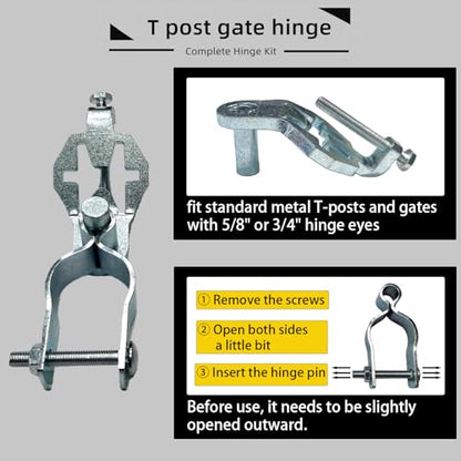 Heavy Duty T-Post Gate Hinge Kit, 1-5/8″Chain Link Fence Gate Post Hinge Pins, Galvanized Steel Easy Install Hardware for Farm, Garden, Backyard Gate