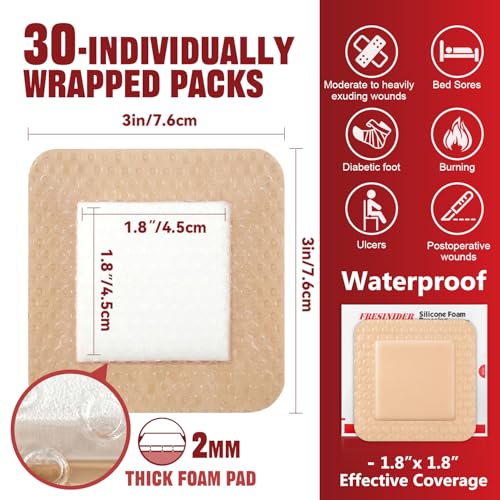 FRESINIDER Silicone Foam Dressing 3" x 3", 30 Pack – Soft Silicone Wound Dressing Pads for Pressure Areas, Ulcers & Post-Surgery Care, Highly Absorbent, Breathable & Gentle on Skin - color: 3" X 3", 30 Pack