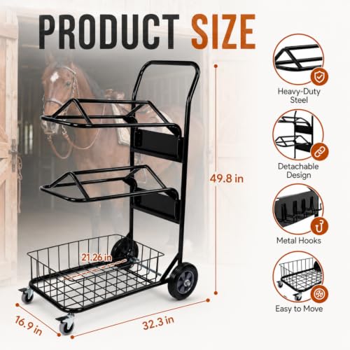 Rolling Saddle Rack Cart with Basket, 220 Lbs, 32.3*16.9*49.8 inch